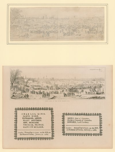 معرض الصقيع في نهر التايمز ، تذكار مطبوع للملك تشارلز الثاني والعائلة ، 1684 بواسطة مدرسة اللغة الإنجليزية