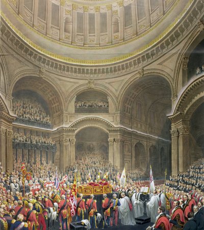 جنازة آرثر ويليسلي (1769-1852) دوق ويلينغتون في كاتدرائية سانت بولز ، نقشها ج. طومسون وإي جيه باريس ، 1852 بواسطة مدرسة اللغة الإنجليزية