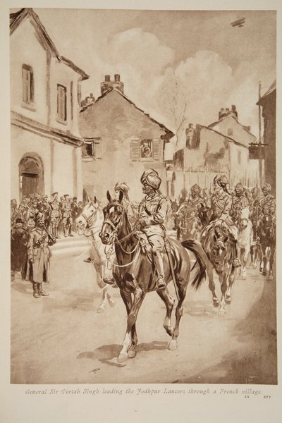 جنرال السير بيرتاب سينغ يقود جودبور لانسر عبر قرية فرنسية ، 1914-1919 بواسطة مدرسة اللغة الإنجليزية