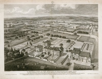 منظر عام لبقايا دير برموندسي ، كما ظهر عام 1805 بواسطة مدرسة اللغة الإنجليزية