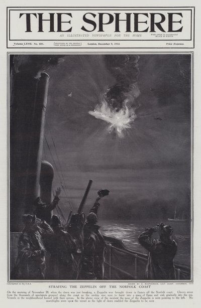 German Zeppelin airship shot down in flames off the coast of Norfolk, World War I, 28 November 1916 (litho) بواسطة مدرسة اللغة الإنجليزية