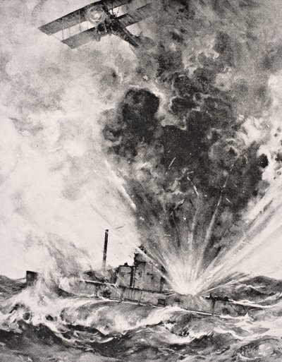 قصفت غواصة ألمانية وأغرقت في 26 أغسطس 1915 ، من ألبوم The War Illustrated Album deLuxe المنشور في لندن عام 1916 (ليثو) بواسطة مدرسة اللغة الإنجليزية