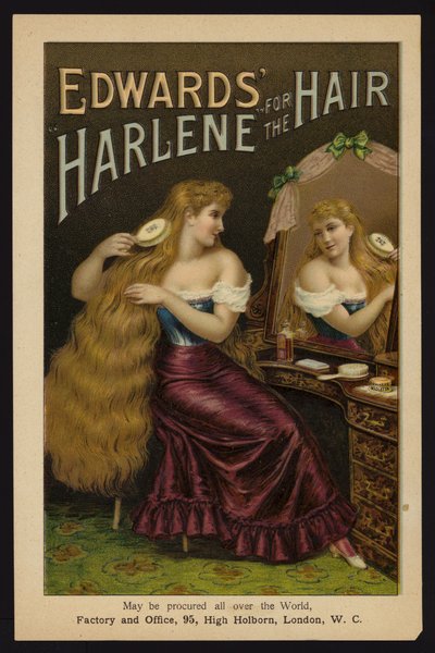 Girl brushing her long blonde hair; Edwards Harlene for the Hair (chromolitho) بواسطة مدرسة اللغة الإنجليزية