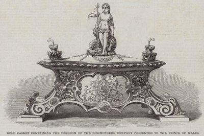 النعش الذهبي الذي يحتوي على شركة Freedom of the Fishmongers 'المقدمة إلى أمير ويلز (نقش) بواسطة مدرسة اللغة الإنجليزية