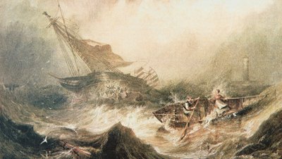 Grace Darling and her father row to the rescue of the Forfarshire wrecked off the Northumberland coast, 7th September 1838 (watercolor on paper) بواسطة مدرسة اللغة الإنجليزية