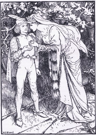ترسل Guenevere صفحتها إلى Lancelot للحصول على المساعدة ، رسم توضيحي من "The Book of Romance" الذي نشرته Longmans Green and Co بواسطة مدرسة اللغة الإنجليزية