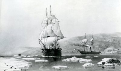 HMS Assistance و Pioneer الخروج من أرباع الشتاء في عام 1854 (الطباعة الحجرية) بواسطة مدرسة اللغة الإنجليزية