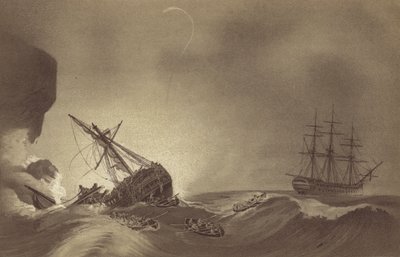 HMS Impetueux ، بقيادة الكابتن توماس بيام مارتن ، لإنقاذ طاقم HMS Venerable ، تحت قيادة الكابتن J Hunter ، تحطمت في تورباي ، ديفون ، 24 نوفمبر 1804 (ليثو) بواسطة مدرسة اللغة الإنجليزية