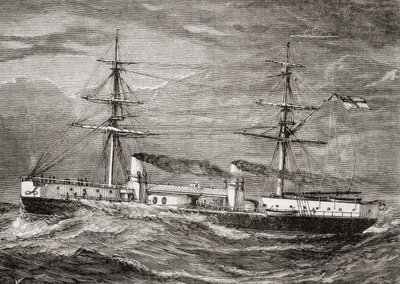 HMS Inflexible ، الطبقة التي لا تقهر Battlecruiser التابعة للبحرية الملكية البريطانية ، صورة توضيحية من &39;Our Own Magazine&39; ، نشرتها بعثة الخدمة الخاصة للأطفال ، 1885 بواسطة مدرسة اللغة الإنجليزية