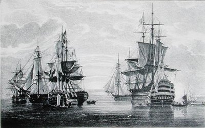 سفن HMS 'Agamemnon' و 'Captain' و 'Vanguard' و 'Elephant' و 'Victory' (نقش) بواسطة مدرسة اللغة الإنجليزية