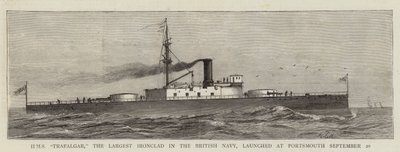 تم إطلاق HMS "Trafalgar" ، أكبر سفينة حربية في البحرية البريطانية ، في بورتسموث في 20 سبتمبر (نقش) بواسطة مدرسة اللغة الإنجليزية
