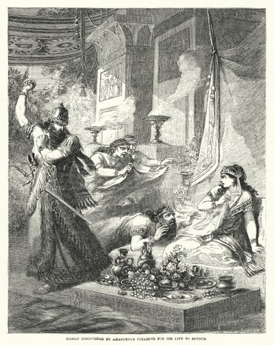اكتشف هامان من قبل أحشويروش يتوسل إلى إستير عن حياته (نقش) بواسطة مدرسة اللغة الإنجليزية