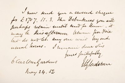 خط اليد وتوقيع ويليام إيوارد جلادستون ، 1852 بواسطة مدرسة اللغة الإنجليزية