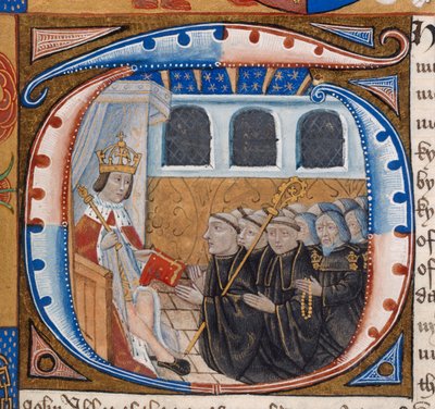 Harley 1498، f.59 بداية تاريخية تصور الملك هنري السابع وهو يستلم الكتاب ، رسم توضيحي من "Indentures of Westminster Abbey" (ورق) بواسطة مدرسة اللغة الإنجليزية