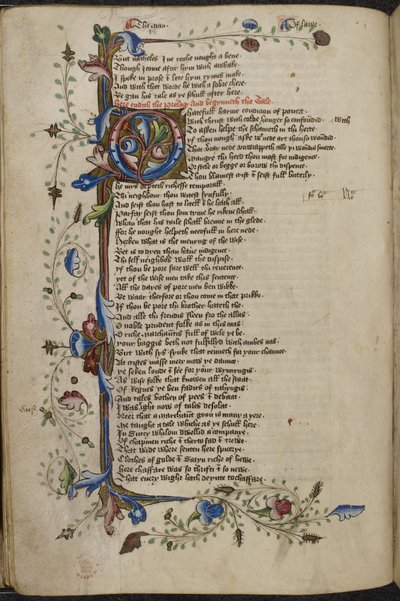 Harley 1758، f.56v Bar border and الأولي "O" (hatefull) من بداية Man of Law