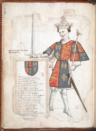 هارلي 4205 f.7v ملك إنجليزي يرتدي دروعًا وطاباردًا (هنري الخامس) من "كتاب السير توماس هولم للأسلحة ..." ، 1445-50 (ورق) بواسطة مدرسة اللغة الإنجليزية