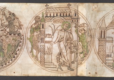 Harley Roll Y 6، Roundel 9، Roundel of St Guthlac (المسمى "Guthlacus") يجلد الشياطين الوحشية الذين اقتحموا منزله [أم] ". من "حياة جوثلاك" ( بواسطة مدرسة اللغة الإنجليزية