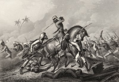 عمود هافلوكس يهاجم المتمردين قبل كاونبور ، من "تاريخ التمرد الهندي" المنشور عام 1858 بواسطة مدرسة اللغة الإنجليزية