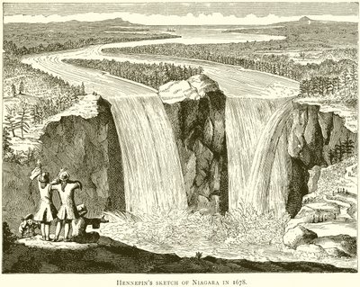 رسم هينيبينز نياجرا في 1678 بواسطة مدرسة اللغة الإنجليزية