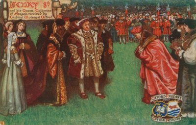 هنري الثامن والملكة ، كاترين أراغون ، استقبلهما الكاردينال وولسي في أكسفورد ، 1518 بواسطة مدرسة اللغة الإنجليزية