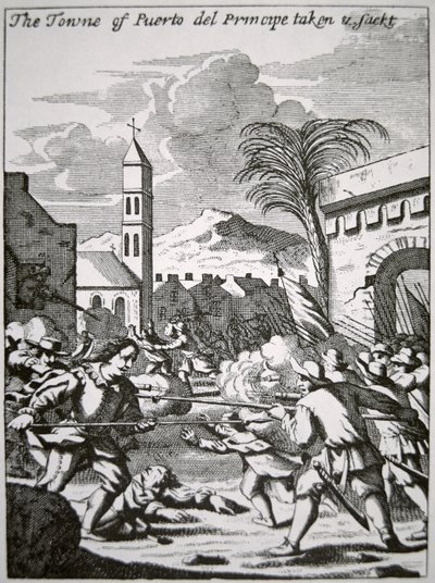 Henry Morgan captures and sacks the town of Puerto de Principe, Cuba, in 1668, illustration from 