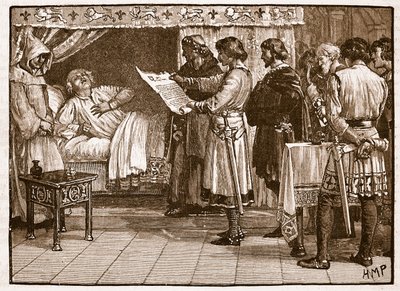 هنري يتلقى أخبار خيانة جونز ، رسم توضيحي من Cassells Illustrated History of England (sepia photo) بواسطة مدرسة اللغة الإنجليزية
