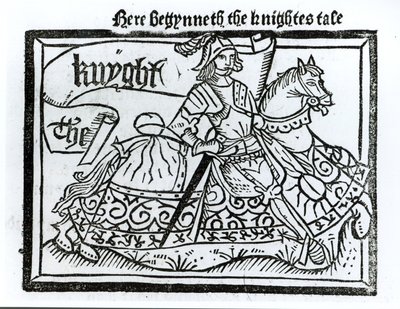 هنا Begynneth The Knightes Tale ، توضيح من حكايات كانتربري بقلم جيفري تشوسر (c.1345-1400) طبعها ويليام كاكستون (c.1422-91) 1434 بواسطة مدرسة اللغة الإنجليزية