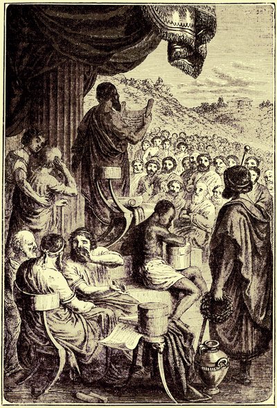 هيرودوت يقرأ تاريخه في مهرجان عام ، رسم توضيحي من تاريخ العالم المصور ، تم نشره عام 1880 (صورة محسنة رقميًا) بواسطة مدرسة اللغة الإنجليزية