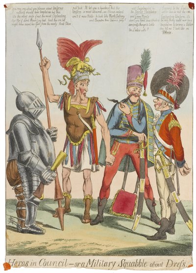 "أبطال في المجلس - أو شجار عسكري حول اللباس" حوالي عام 1820 (نقش ملون) بواسطة مدرسة اللغة الإنجليزية