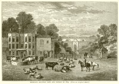 Highgate Archway Gate and Tavern في عام 1825 بواسطة مدرسة اللغة الإنجليزية