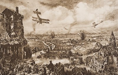تحمل هجومًا ألمانيًا ، Armentieres ، بلجيكا ، رسم توضيحي من "مخطط التاريخ" بقلم HG Wells ، المجلد الثاني ، نُشر عام 1920 بواسطة مدرسة اللغة الإنجليزية