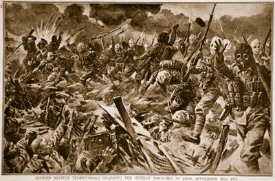أقاليم بريطانية مقنعين تتهم الخنادق الألمانية في لوس ، 25 سبتمبر 1915 ، 1914-1919 بواسطة مدرسة اللغة الإنجليزية