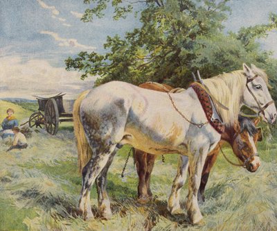 Horses taking a break from work on a farm (colour litho) بواسطة مدرسة اللغة الإنجليزية