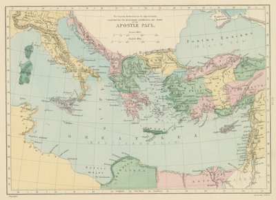 توضيح الرحلات التبشيرية والرحلة الأخيرة للرسول بولس الرسول (طباعة حجرية ملونة) بواسطة مدرسة اللغة الإنجليزية