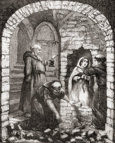 رسم توضيحي بعد جورج كروكشانك عن "دير Netley: A Legend of Hampshire" ، من "The Ingoldsby Legends or Mirth and Marvels" ، بقلم توماس إنغولدسبي ، نُشر عام 1865 بواسطة مدرسة اللغة الإنجليزية