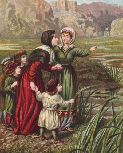 رسم توضيحي لكتاب "تقدم الحاج" لجون بونيان (طباعة حجرية ملونة) بواسطة مدرسة اللغة الإنجليزية