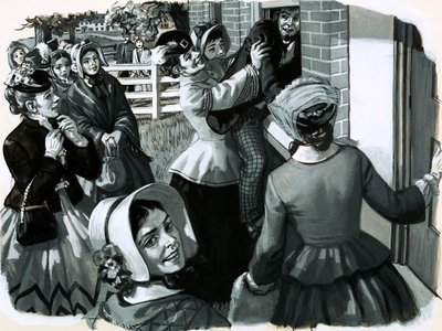 في عام 1848 ، نظمت إليزابيث كادي ستانتون اجتماعًا لحق المرأة في التصويت في نيويورك (الغواش على الورق) بواسطة مدرسة اللغة الإنجليزية