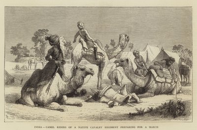 India, Camel Riders of a Native Cavalry Regiment preparing for a March (engraving) بواسطة مدرسة اللغة الإنجليزية