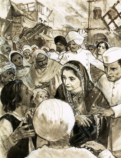 إنديرا غاندي في مدينة أحمد آباد أثناء أعمال الشغب بواسطة مدرسة اللغة الإنجليزية