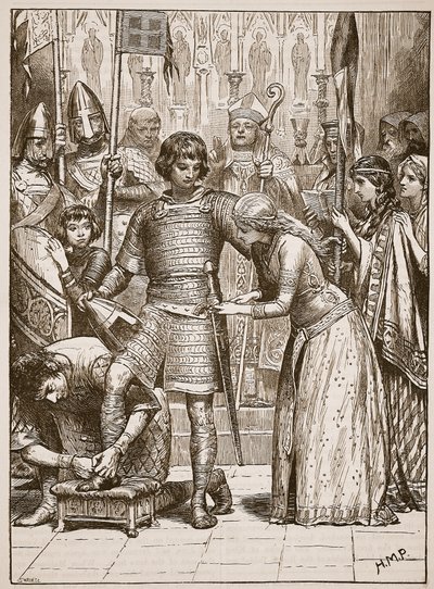 البدء في ترتيب الفروسية ، رسم توضيحي من Cassells Illustrated History of England (sepia photo) بواسطة مدرسة اللغة الإنجليزية