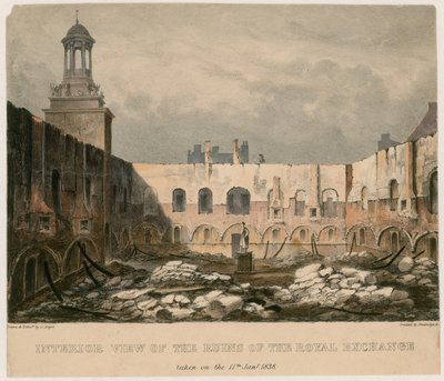 منظر داخلي لأنقاض البورصة الملكية ، لندن ، تم التقاطه في 11 يناير 1838 بواسطة مدرسة اللغة الإنجليزية