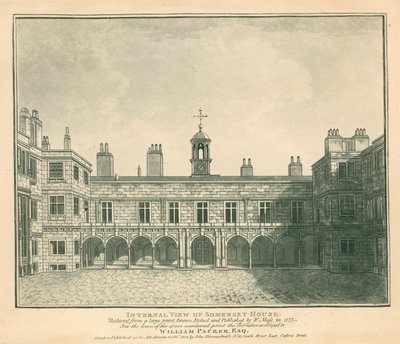 المنظر الداخلي سومرست هاوس ، ستراند ، لندن ؛ بناء على طباعة رسمها W Moss عام 1777 بواسطة مدرسة اللغة الإنجليزية