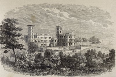 جزيرة وايت منزل أوزبورن، المقر الصيفي للملكة فيكتوريا. رسم توضيحي لعام 1880 بواسطة مدرسة اللغة الإنجليزية