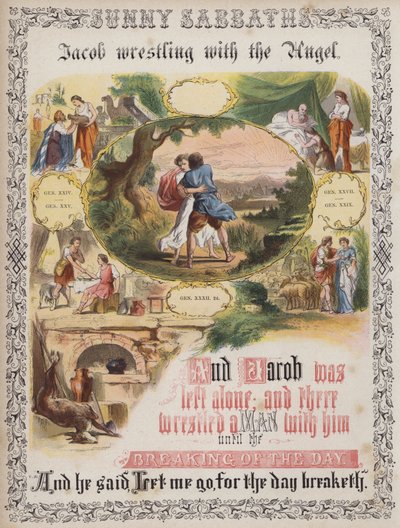 Jacob wrestling with the Angel (coloured engraving) بواسطة مدرسة اللغة الإنجليزية