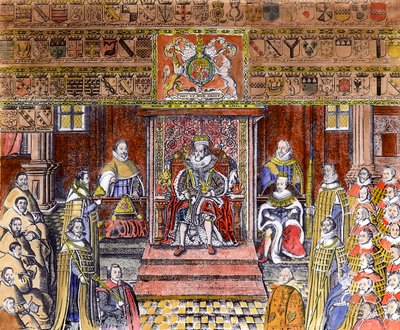 جيمس الأول من إنجلترا (1566-1625) في المحكمة (النقش) (تلوين لاحق) بواسطة مدرسة اللغة الإنجليزية