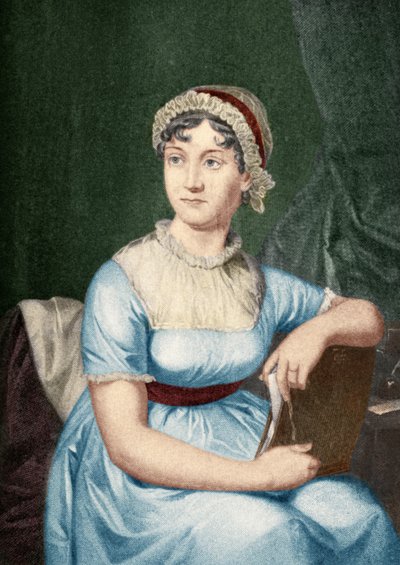 جين أوستن (1775-1817) رسم توضيحي من "الرحلات الصغيرة إلى منازل النساء المشهورات" ، نُشر عام 1897 (تلوين لاحقًا) بواسطة مدرسة اللغة الإنجليزية