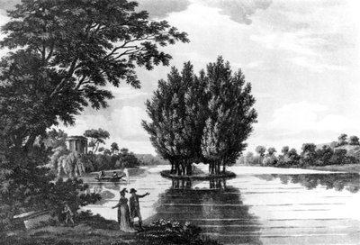مقبرة جان جاك روسيا (1712-78) في إرمينونفيل ، من جولة رياضية عبر فرنسا في سلسلة من الرسائل إلى إيرل دارلينجتون من قبل العقيد توماس ثورنتون ، تم نشرها عام 1806 (وزن الصورة بواسطة مدرسة اللغة الإنجليزية