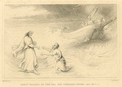 Jesus walking on the sea and upholding Peter, Matthew XIV, 24-33 (engraving) بواسطة مدرسة اللغة الإنجليزية