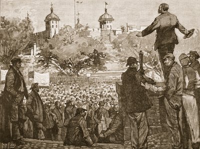 جون بيرنز يخاطب اجتماع عمال الأرصفة في برج هيل ، 1889 ، رسم توضيحي من تاريخ كاسيلس المصور لإنجلترا (صورة بني داكن) بواسطة مدرسة اللغة الإنجليزية