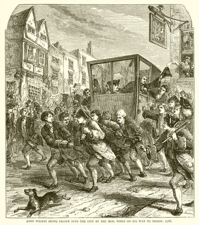 تم جذب جون ويلكس إلى المدينة من قبل الغوغاء ، عندما كان في طريقه إلى السجن ، 1768 بواسطة مدرسة اللغة الإنجليزية